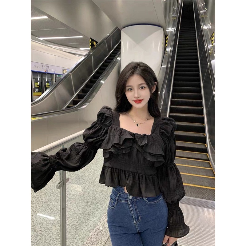 Jiashucheng Áo Sơ Mi Tay Dài Phồng Cổ Vuông Phong Cách Phương Tây Thời Trang Mùa Thu Mới Cho Nữ