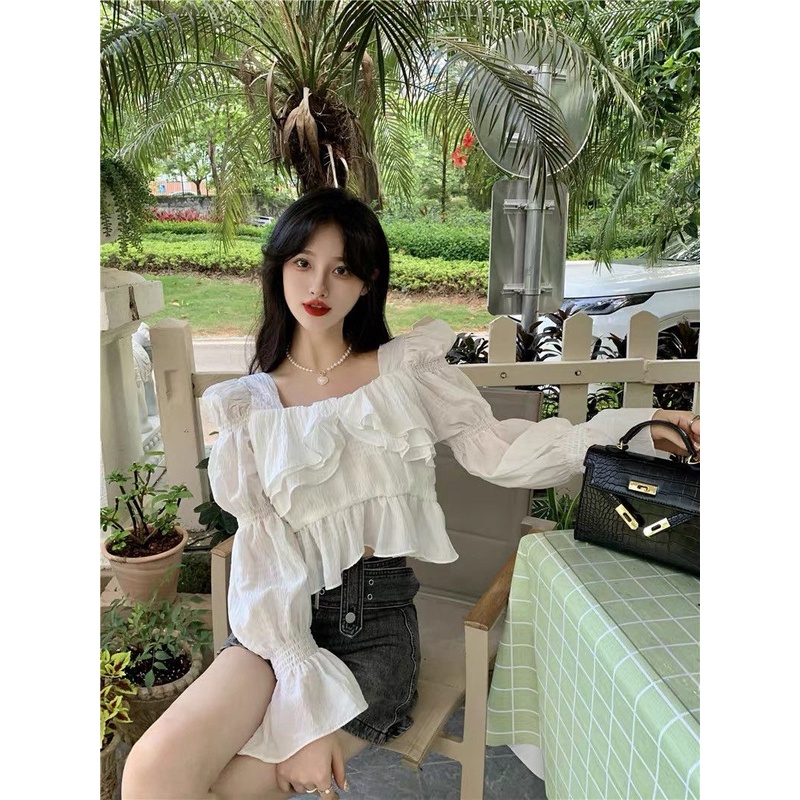 Jiashucheng Áo Sơ Mi Tay Dài Phồng Cổ Vuông Phong Cách Phương Tây Thời Trang Mùa Thu Mới Cho Nữ