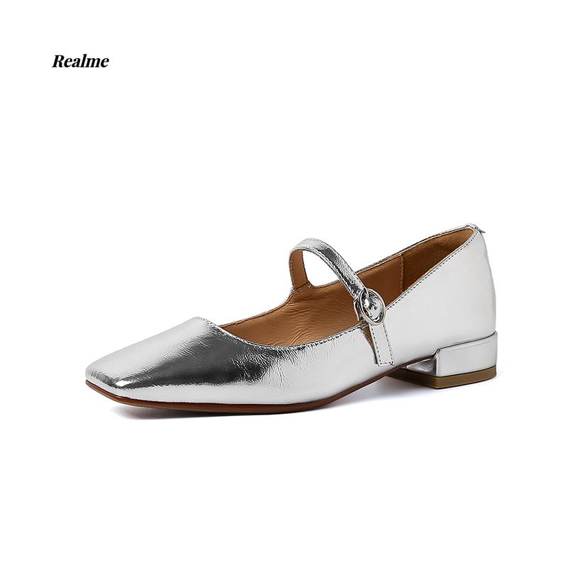 Giày Búp Bê Mũi Vuông Màu Bạc Phong Cách Retro Pháp