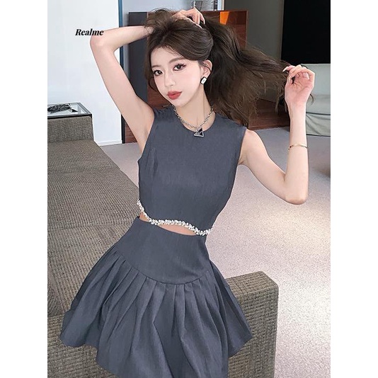 Đầm Ngắn Không Tay Hở Eo Đính Kim Cương Sang Trọng Thời Trang Mùa Hè 2023