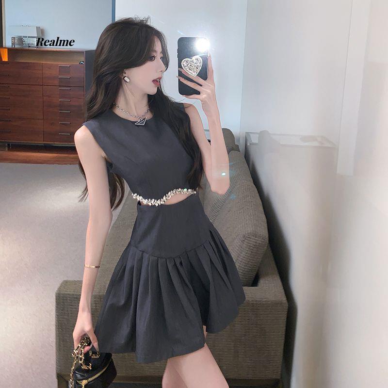 Đầm Ngắn Không Tay Hở Eo Đính Kim Cương Sang Trọng Thời Trang Mùa Hè 2023