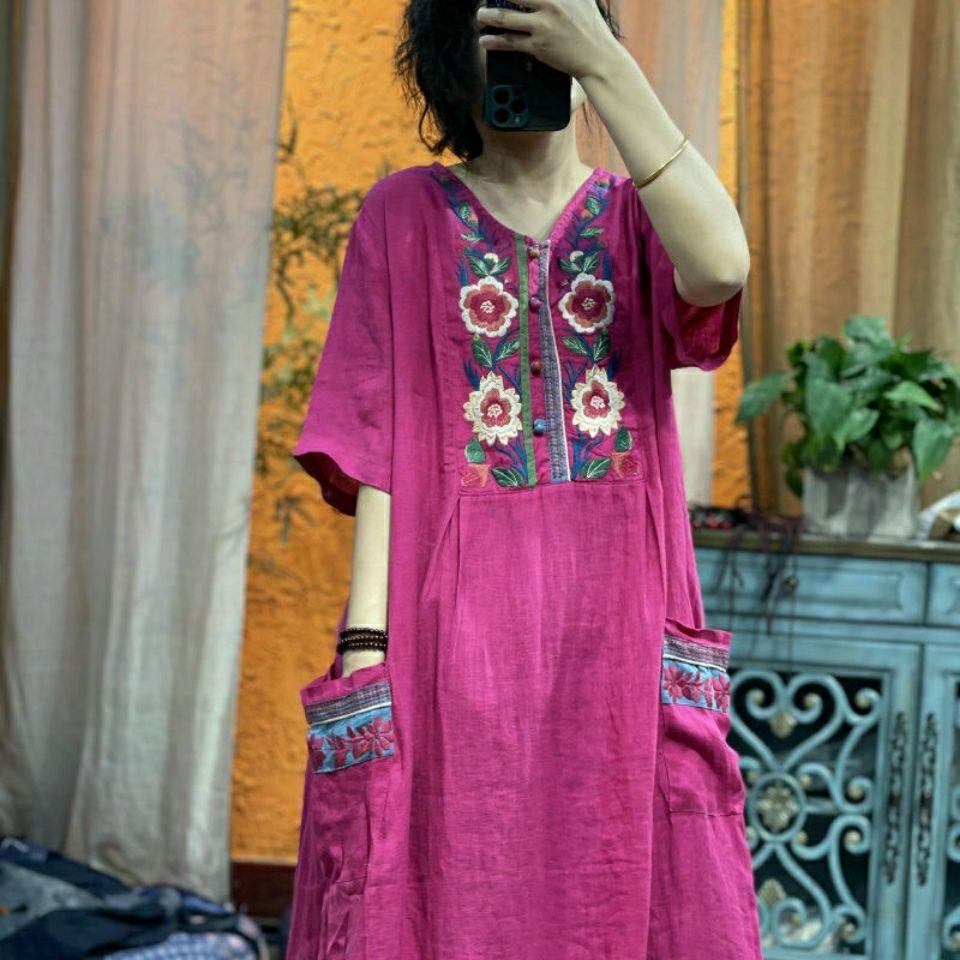 Đầm Vải Lanh Mỏng Cổ Chữ V Cài Nút Thêu Họa Tiết Dân Tộc Phong Cách Retro Mùa Hè Hàng Mới 2023
