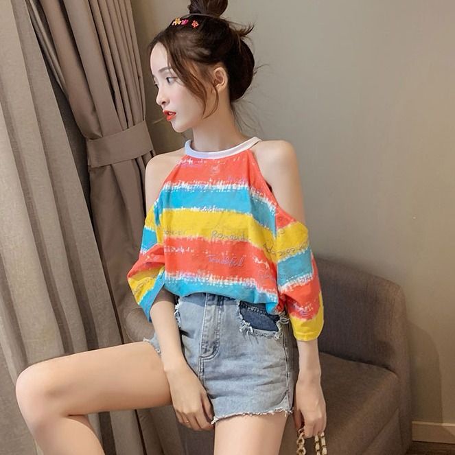 Áo Thun Nữ Ngắn Tay Sọc Cầu Vồng Phong Cách Mới