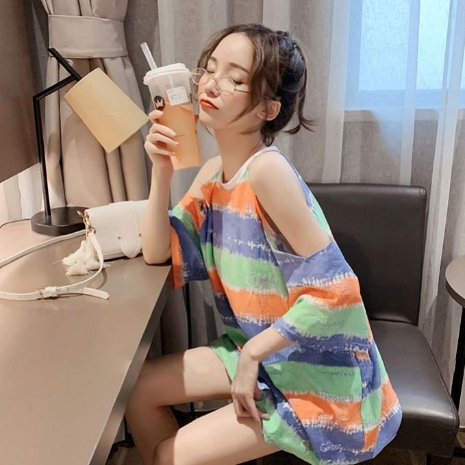 Áo Thun Nữ Ngắn Tay Sọc Cầu Vồng Phong Cách Mới