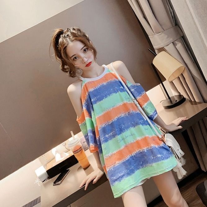 Áo Thun Nữ Ngắn Tay Sọc Cầu Vồng Phong Cách Mới