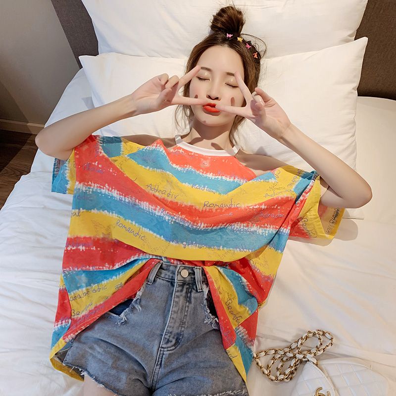 Áo Thun Nữ Ngắn Tay Sọc Cầu Vồng Phong Cách Mới