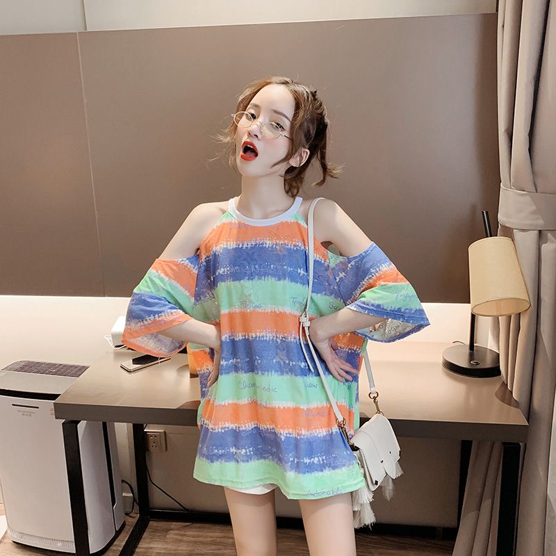 Áo Thun Nữ Ngắn Tay Sọc Cầu Vồng Phong Cách Mới