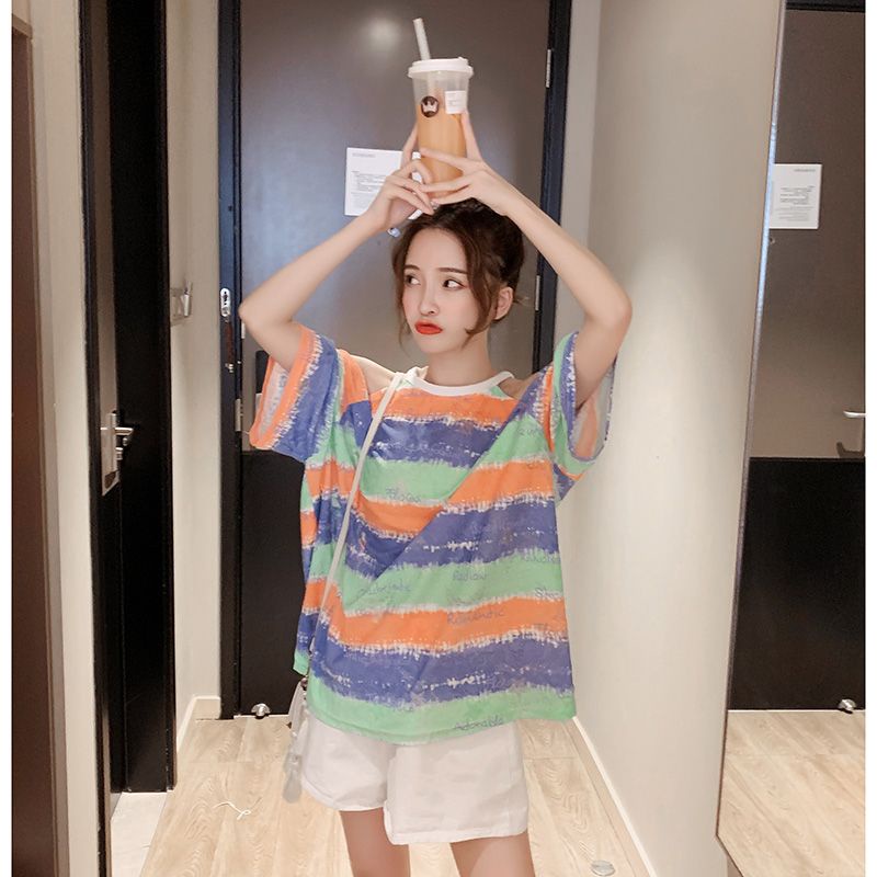 Áo Thun Nữ Ngắn Tay Sọc Cầu Vồng Phong Cách Mới