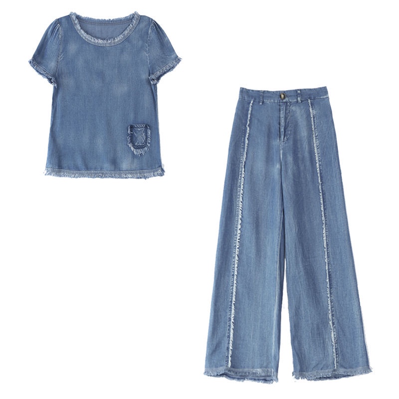 Set Áo Croptop + Quần Denim Ống Rộng Lưng Cao Tôn Dáng Hợp Thời Trang 2023