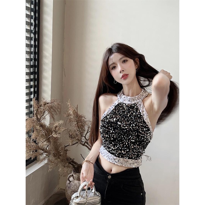 Áo Hai Dây Cổ Yếm Đính Kim Sa Cao Cấp Thời Trang Mùa Hè Pháp Hàng Mới 2023 Dành Cho Bạn Nữ
