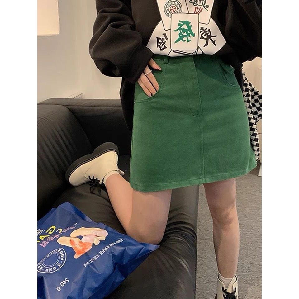 Jiashucheng Chân Váy Denim Chữ a Lưng Cao Màu Xanh Lá Thời Trang Mùa Hè Hàng Mới Dành Cho Bạn Nữ