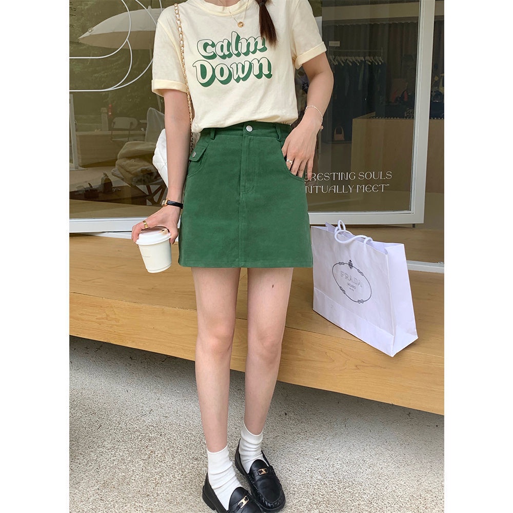 Jiashucheng Chân Váy Denim Chữ a Lưng Cao Màu Xanh Lá Thời Trang Mùa Hè Hàng Mới Dành Cho Bạn Nữ
