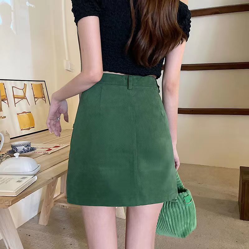 Jiashucheng Chân Váy Denim Chữ a Lưng Cao Màu Xanh Lá Thời Trang Mùa Hè Hàng Mới Dành Cho Bạn Nữ