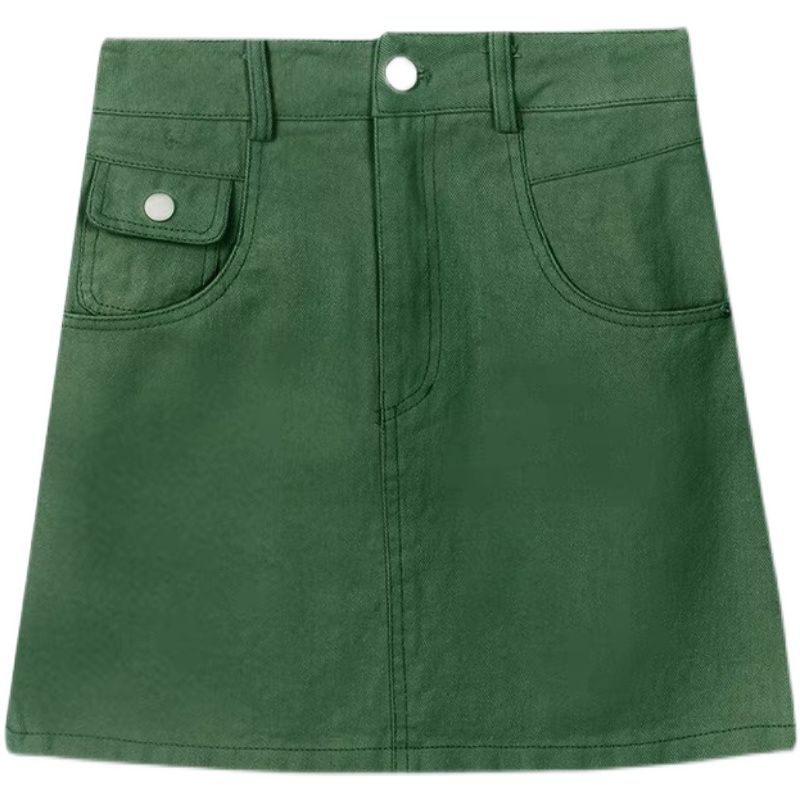 Jiashucheng Chân Váy Denim Chữ a Lưng Cao Màu Xanh Lá Thời Trang Mùa Hè Hàng Mới Dành Cho Bạn Nữ