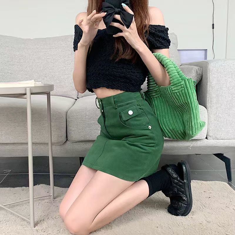 Jiashucheng Chân Váy Denim Chữ a Lưng Cao Màu Xanh Lá Thời Trang Mùa Hè Hàng Mới Dành Cho Bạn Nữ