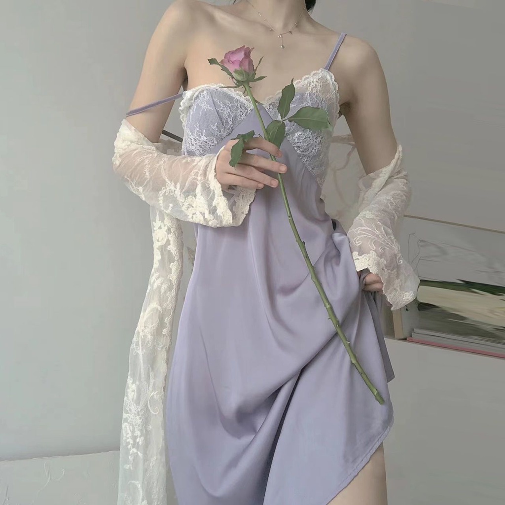 Đầm Ngủ Hai Dây Phối Ren Phong Cách Pháp Thời Trang Mùa Hè Mới Cho Nữ