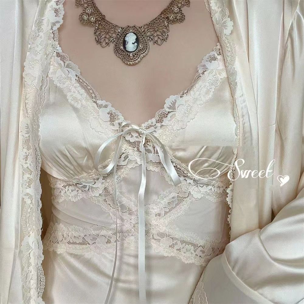 Style Sweet Waxy &lt; Downton Manor &gt; Đầm Ngủ Lụa Dáng Rộng Xẻ Tà Phong Cách Retro Pháp Mềm Mại Thân Thiện Với Da