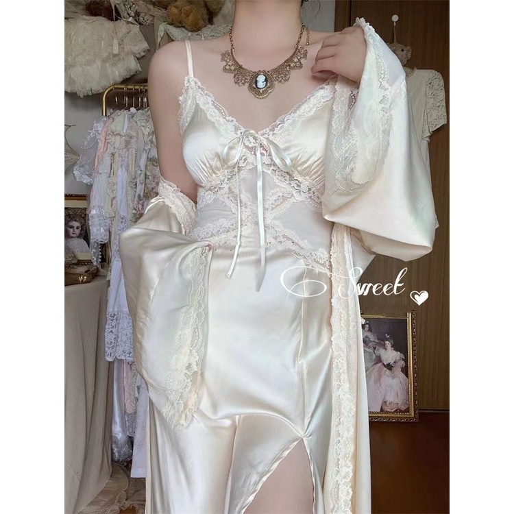 Style Sweet Waxy &lt; Downton Manor &gt; Đầm Ngủ Lụa Dáng Rộng Xẻ Tà Phong Cách Retro Pháp Mềm Mại Thân Thiện Với Da