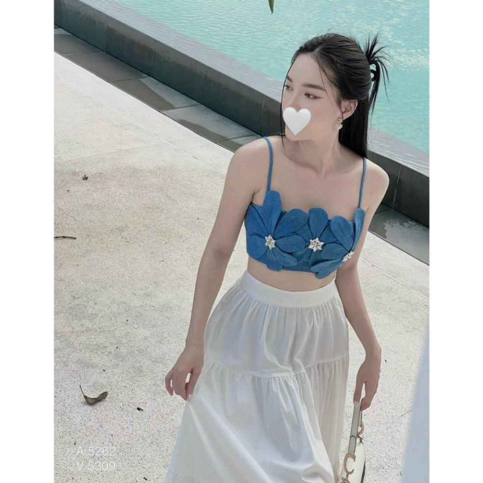 Sét Aó Hai Dây Hoa Xanh Kèm Chân Váy Xòe Trắng Dáng Dài Siêu Hot Hè 2023 LT101 LH HỎA TỐC