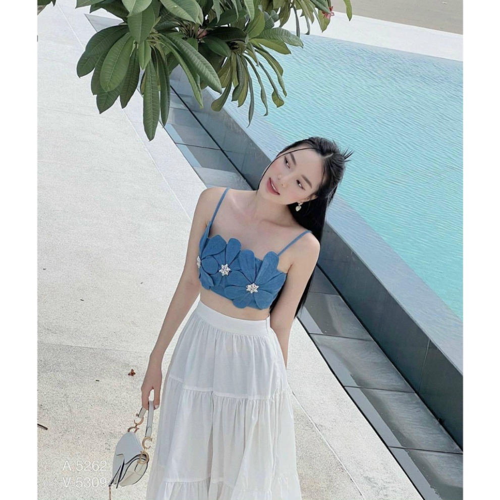 Sét Aó Hai Dây Hoa Xanh Kèm Chân Váy Xòe Trắng Dáng Dài Siêu Hot Hè 2023 LT101 LH HỎA TỐC