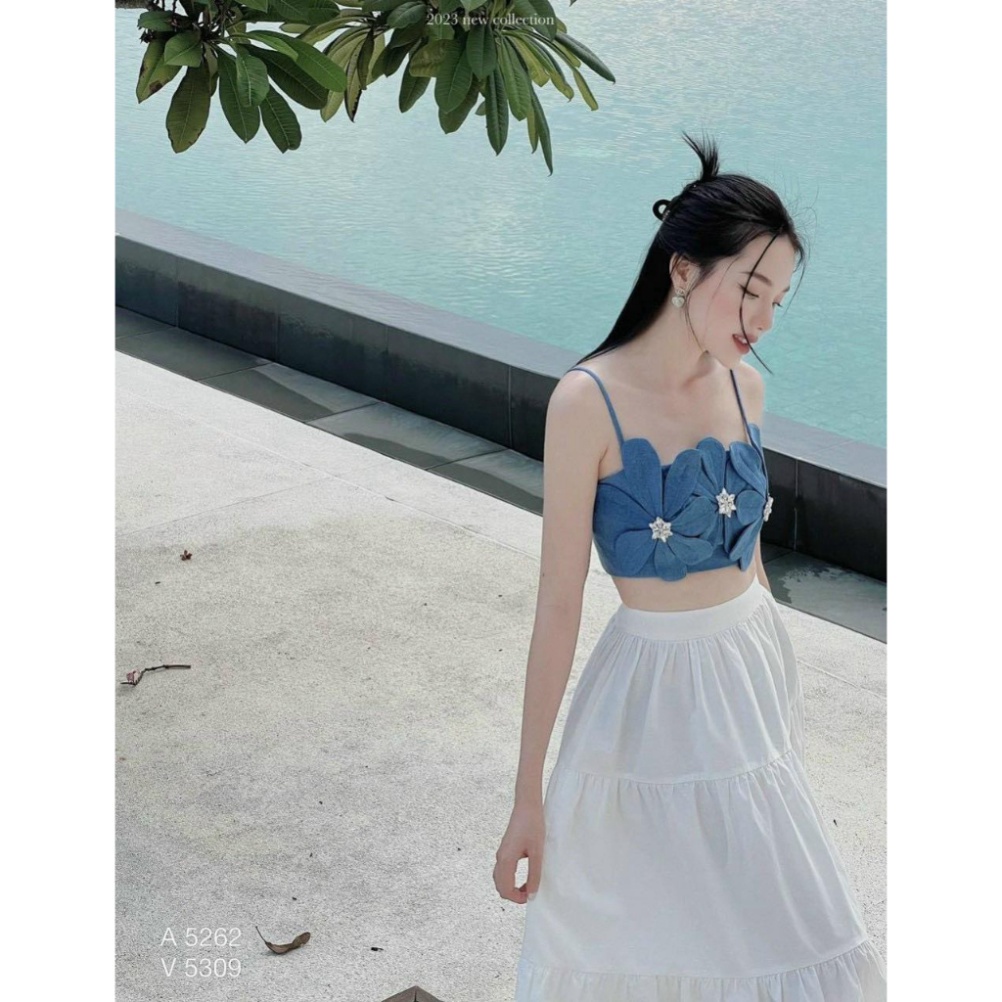 Sét Aó Hai Dây Hoa Xanh Kèm Chân Váy Xòe Trắng Dáng Dài Siêu Hot Hè 2023 LT101 LH HỎA TỐC
