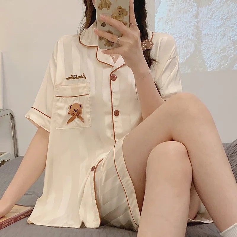 Bộ Đồ Ngủ Tay Ngắn Chất Lụa Lạnh Mỏng Thời Trang Mùa Hè Hàn Quốc 2023 Cho Nữ