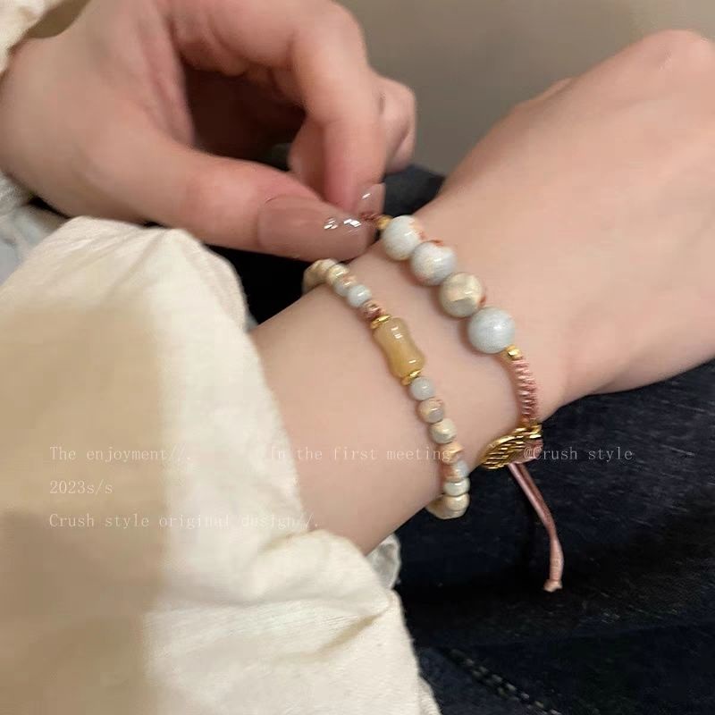 Vòng Tay Bện Dây Tre Đính Đá Phong Cách Trung Hoa Cổ Điển Sang Trọng Cho Cặp Đôi