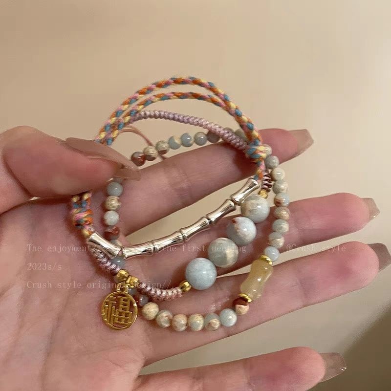 Vòng Tay Bện Dây Tre Đính Đá Phong Cách Trung Hoa Cổ Điển Sang Trọng Cho Cặp Đôi