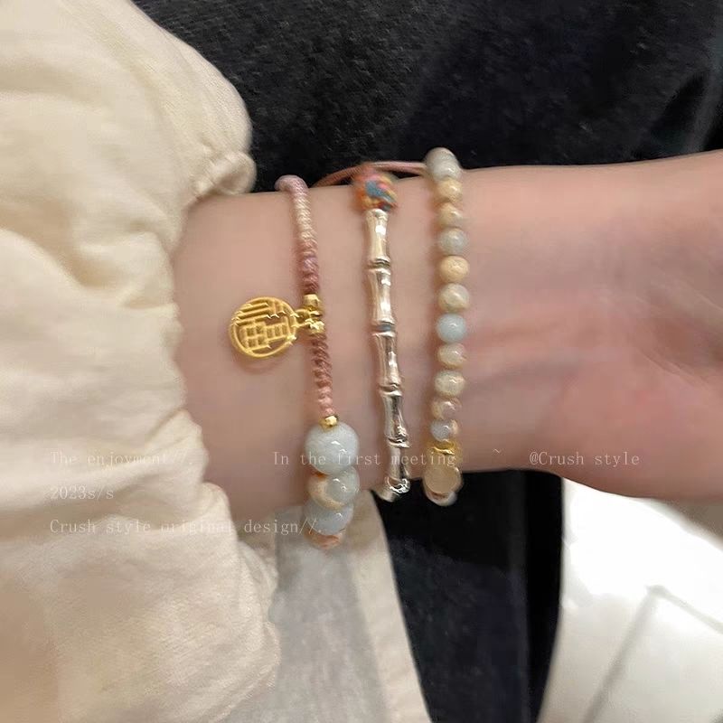 Vòng Tay Bện Dây Tre Đính Đá Phong Cách Trung Hoa Cổ Điển Sang Trọng Cho Cặp Đôi