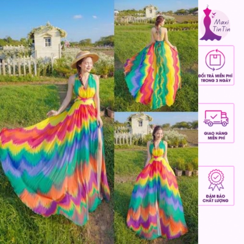 Đầm Maxi đi biển omber loang màu cầu vồng dáng xoè rộng xẻ tà mẫu mới 2023