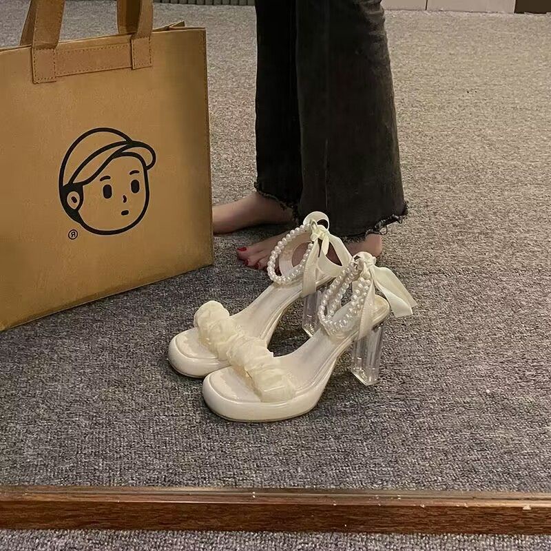 Giày Sandal Cao Gót Quai Đính Ngọc Trai Thời Trang Pháp Quý Phái Dành Cho Nữ 2023