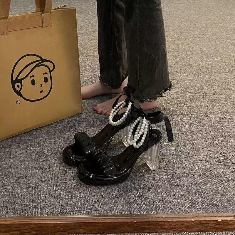 Giày Sandal Cao Gót Quai Đính Ngọc Trai Thời Trang Pháp Quý Phái Dành Cho Nữ 2023