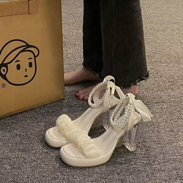 Giày Sandal Cao Gót Quai Đính Ngọc Trai Thời Trang Pháp Quý Phái Dành Cho Nữ 2023