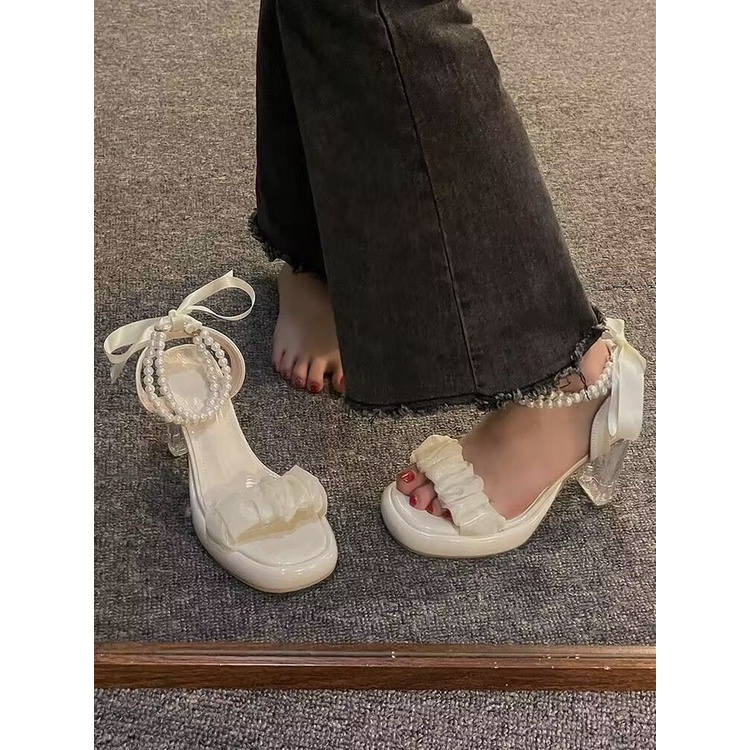 Giày Sandal Cao Gót Quai Đính Ngọc Trai Thời Trang Pháp Quý Phái Dành Cho Nữ 2023