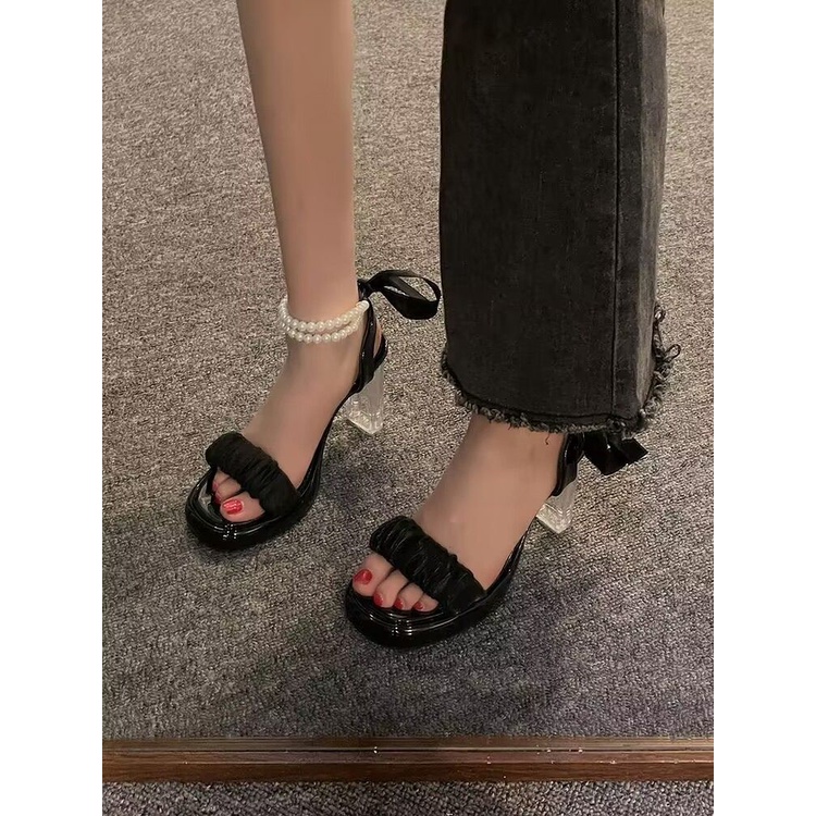 Giày Sandal Cao Gót Quai Đính Ngọc Trai Thời Trang Pháp Quý Phái Dành Cho Nữ 2023