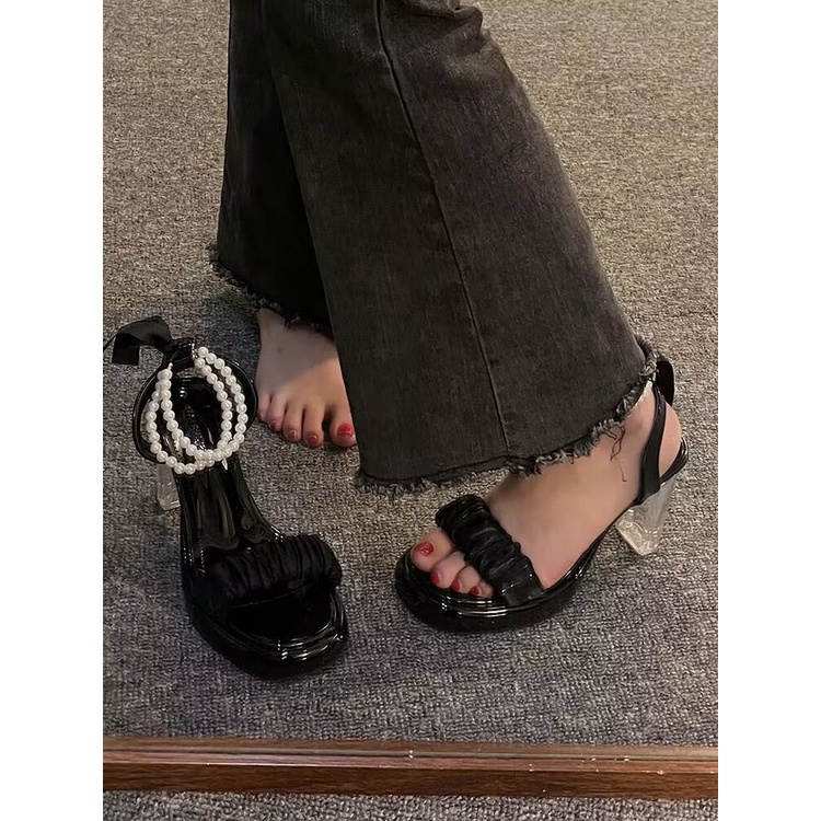 Giày Sandal Cao Gót Quai Đính Ngọc Trai Thời Trang Pháp Quý Phái Dành Cho Nữ 2023