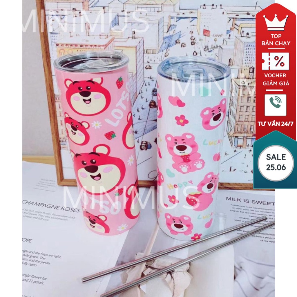Bình giữ nhiệt hana gấu dâu LOSTO 600ML kiểu dáng trụ giữ lạnh lên đến 8H kiểu dáng hình trụ, ống hút inox cao cấp