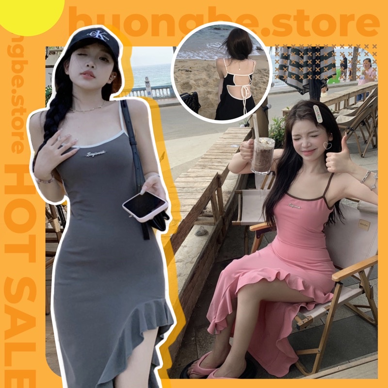 Váy đi biển hai dây, có size,thiết kế xẻ đùi phối bèo, style năng động và quyến rũ