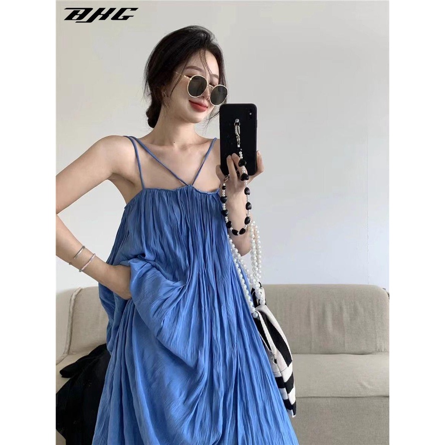 Đầm Hai Dây Dáng Dài Xếp Ly Màu Xanh Dương Thời Trang Đi Biển Mùa Hè Xinh Xắn Cho Nữ