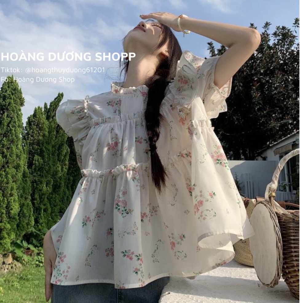 Áo Sơ Mi Tay Ngắn Phồng Họa Tiết Hoa Nhí, Áo Sơ Mi Nữ Phối Tay Cánh Tiên Họa Tiết Hoa Thời Trang Mùa Hè 2023 Cho Nữ