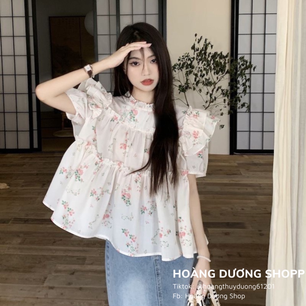 Áo Sơ Mi Tay Ngắn Phồng Họa Tiết Hoa Nhí, Áo Sơ Mi Nữ Phối Tay Cánh Tiên Họa Tiết Hoa Thời Trang Mùa Hè 2023 Cho Nữ