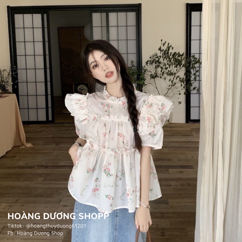 Áo Sơ Mi Tay Ngắn Phồng Họa Tiết Hoa Nhí, Áo Sơ Mi Nữ Phối Tay Cánh Tiên Họa Tiết Hoa Thời Trang Mùa Hè 2023 Cho Nữ