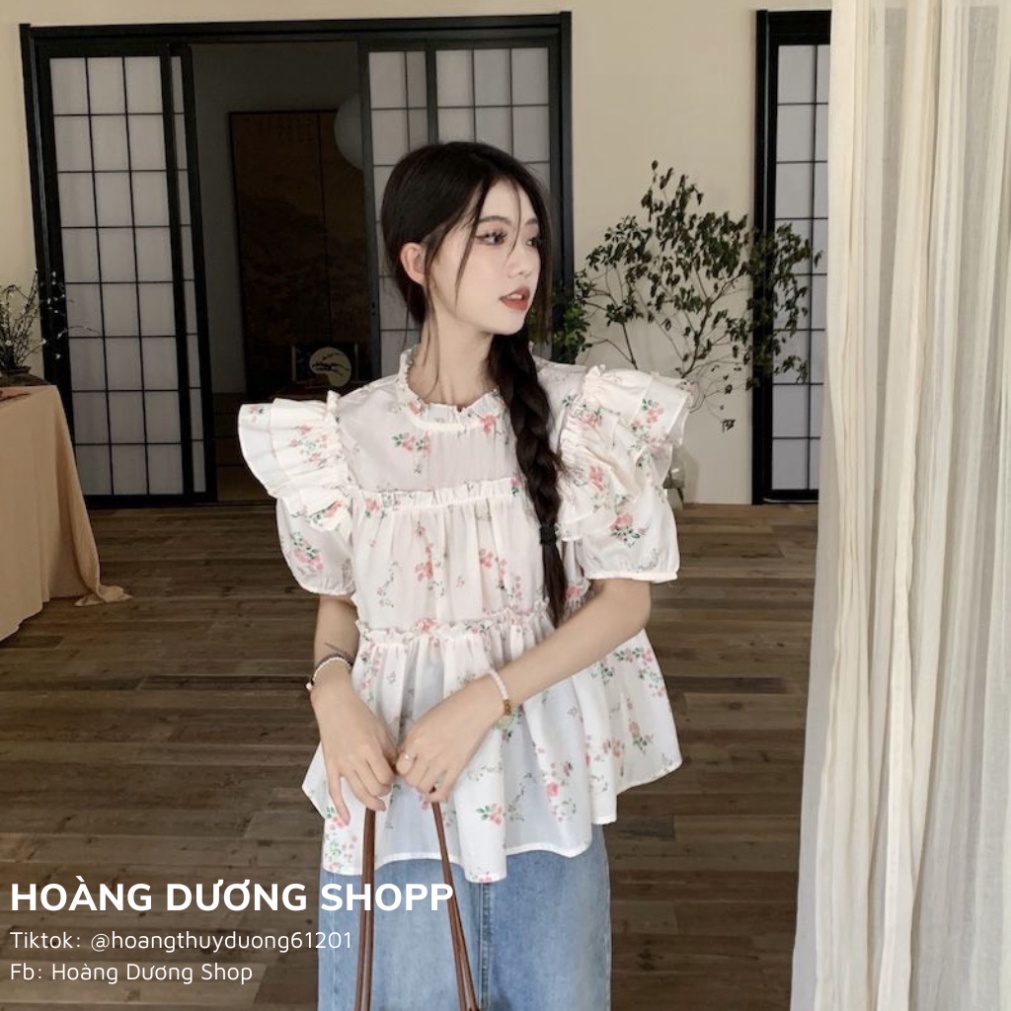 Áo Sơ Mi Tay Ngắn Phồng Họa Tiết Hoa Nhí, Áo Sơ Mi Nữ Phối Tay Cánh Tiên Họa Tiết Hoa Thời Trang Mùa Hè 2023 Cho Nữ