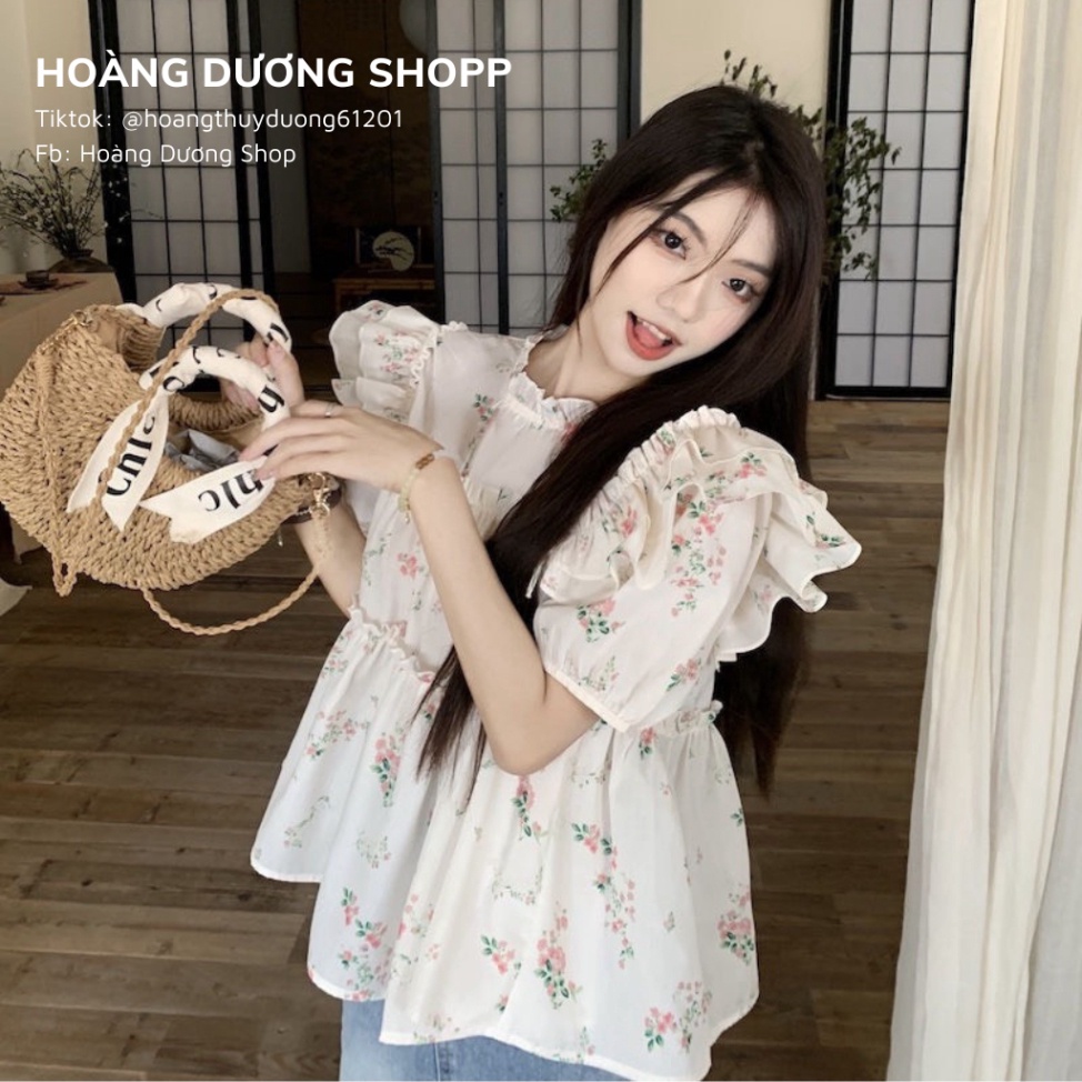 Áo Sơ Mi Tay Ngắn Phồng Họa Tiết Hoa Nhí, Áo Sơ Mi Nữ Phối Tay Cánh Tiên Họa Tiết Hoa Thời Trang Mùa Hè 2023 Cho Nữ