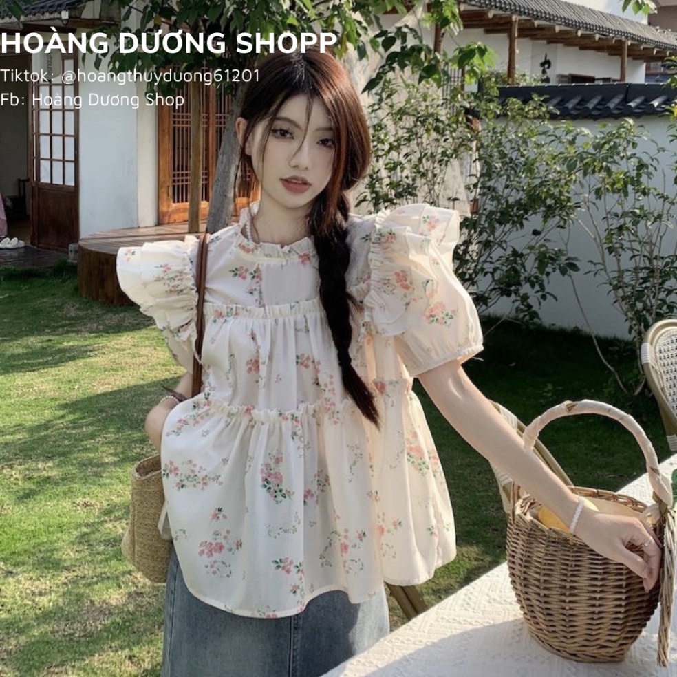 Áo Sơ Mi Tay Ngắn Phồng Họa Tiết Hoa Nhí, Áo Sơ Mi Nữ Phối Tay Cánh Tiên Họa Tiết Hoa Thời Trang Mùa Hè 2023 Cho Nữ