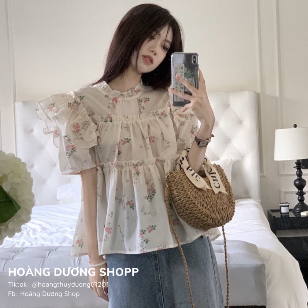 Áo Sơ Mi Tay Ngắn Phồng Họa Tiết Hoa Nhí, Áo Sơ Mi Nữ Phối Tay Cánh Tiên Họa Tiết Hoa Thời Trang Mùa Hè 2023 Cho Nữ
