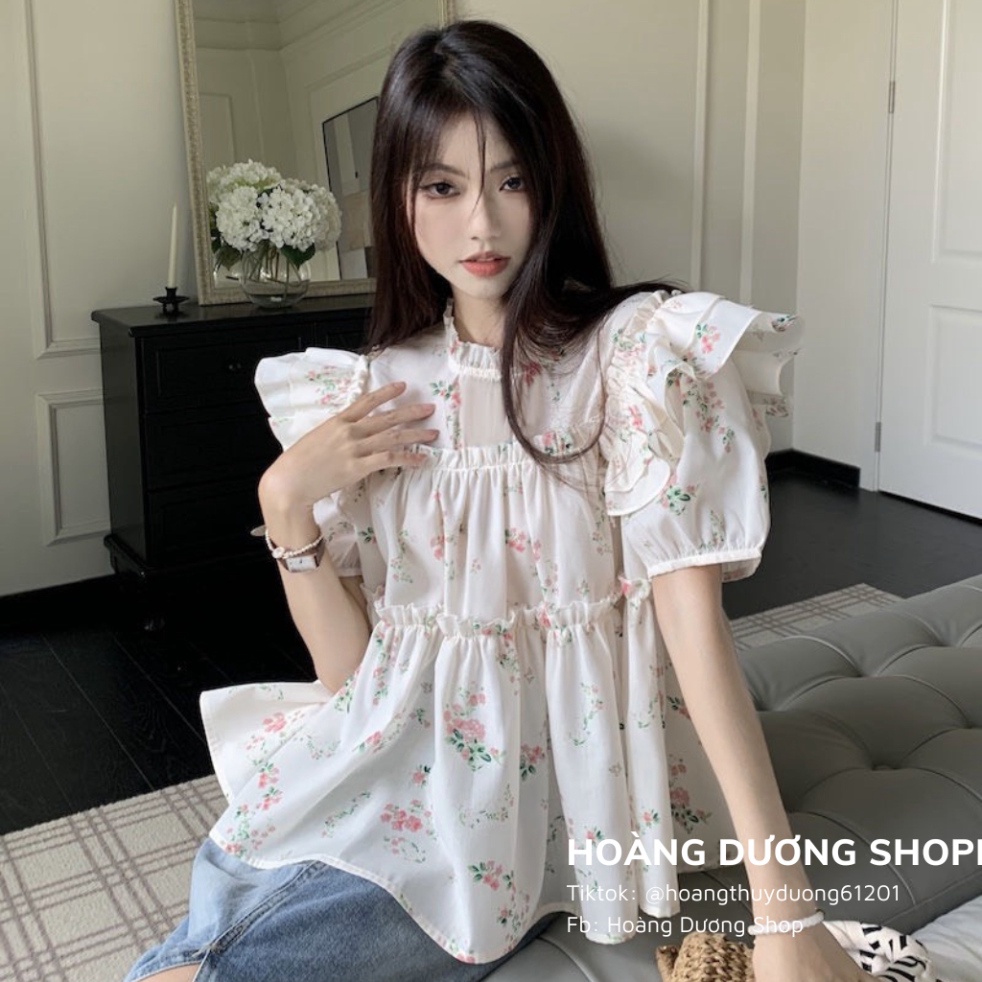 Áo Sơ Mi Tay Ngắn Phồng Họa Tiết Hoa Nhí, Áo Sơ Mi Nữ Phối Tay Cánh Tiên Họa Tiết Hoa Thời Trang Mùa Hè 2023 Cho Nữ