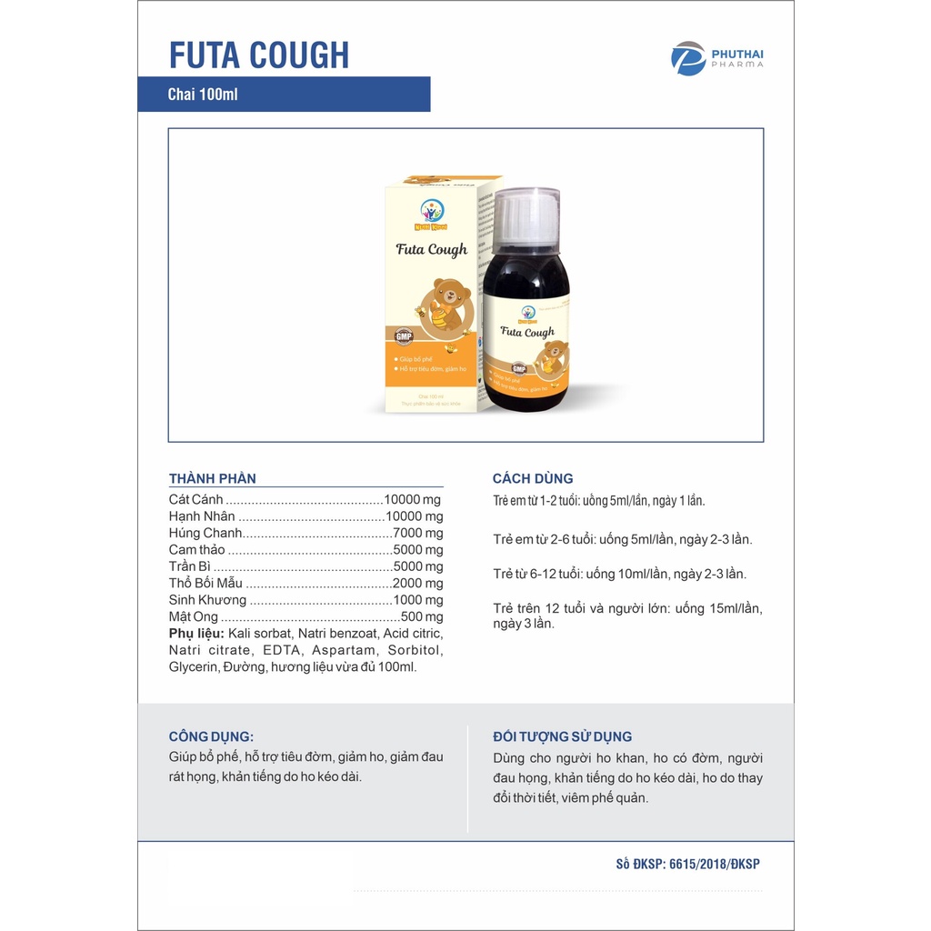 Siro Ho Thảo Dược Futa Cough Giúp Giảm Ho Khan, Ho Có Đờm, Viêm Phế Quản Lọ 100mL – Nhà thuốc Thu Dung