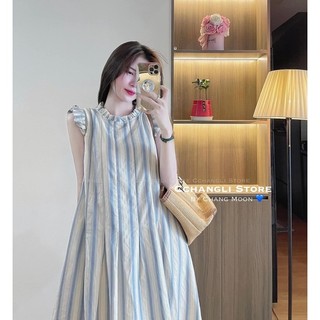 Đầm suông kẻ xanh sát nách cổ bèo