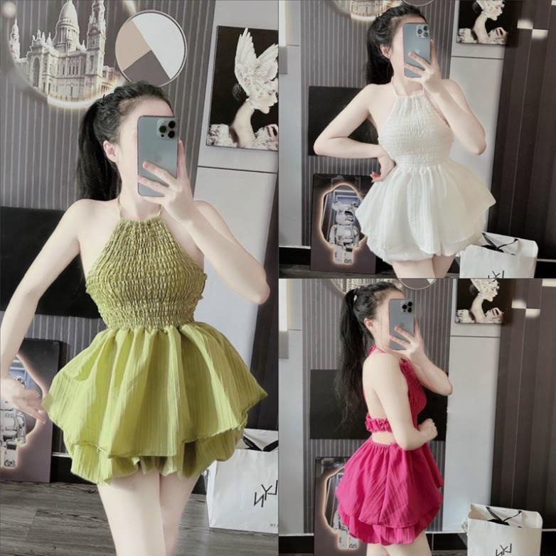Set bộ áo yếm hở lưng kèm quần short, bộ babydoll hở lưng dáng xoè hình thật
